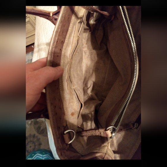 Vintage Limited Dooney & Bourke Camel/Taupe Ostrich Leather Satchel-Tote Handbag - Picture 10 of 12